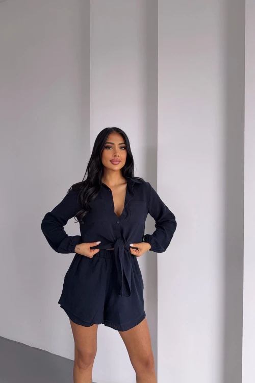 Lacivert Müslin Keten Şortlu Alt Üst Takım BCBT-251001