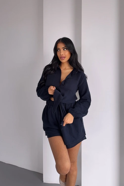 Lacivert Müslin Keten Şortlu Alt Üst Takım BCBT-251001