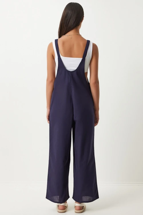 Lacivert Önü Cepli Askılı Yazlık Gabardin Bahçıvan Tulum