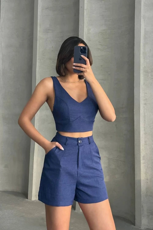 Lacivert V Yaka Bluz Ve Şortlu Dokuma Alt Üst Takım BCHN-25255014
