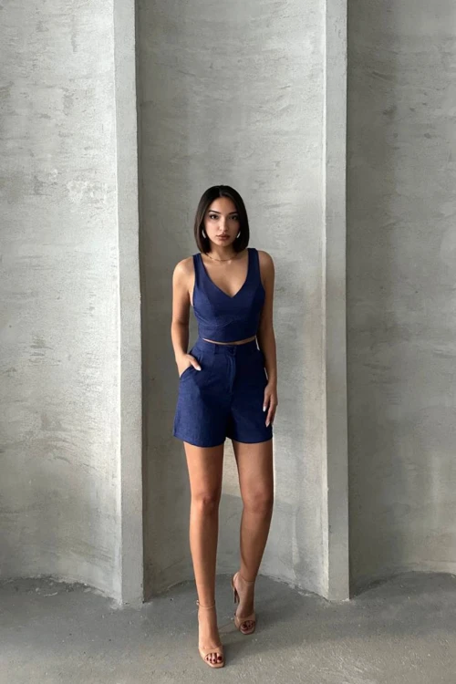 Lacivert V Yaka Bluz Ve Şortlu Dokuma Alt Üst Takım BCHN-25255014