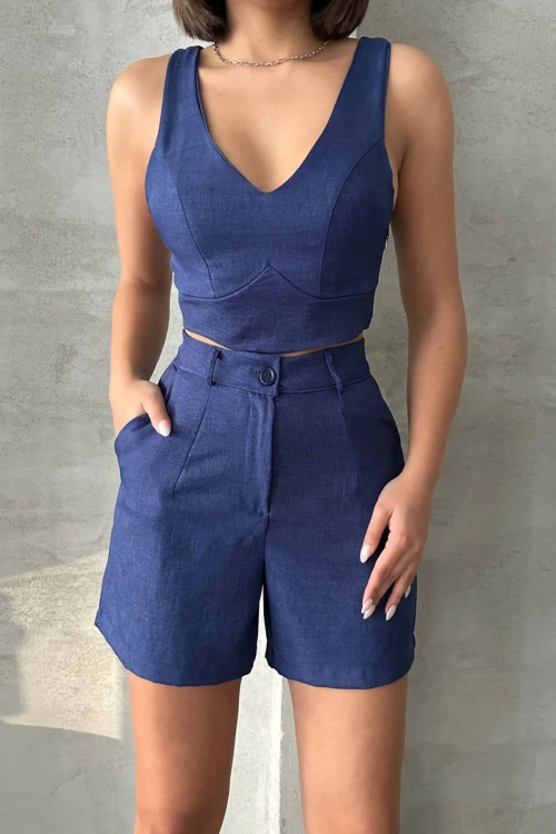 Lacivert V Yaka Bluz Ve Şortlu Dokuma Alt Üst Takım BCHN-25255014