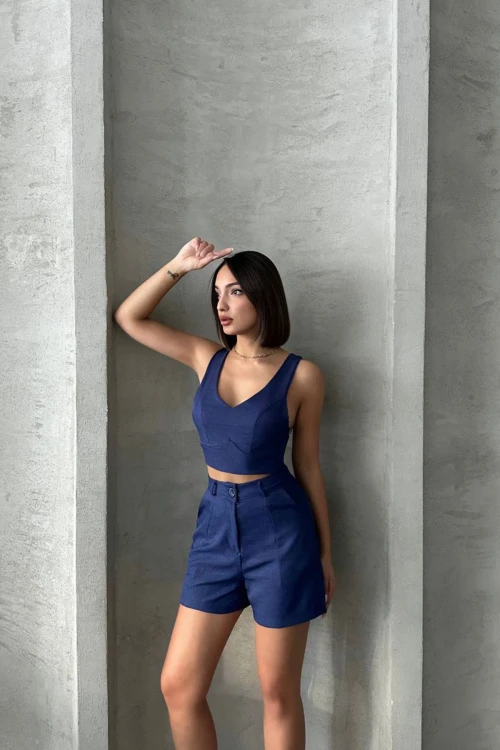 Lacivert V Yaka Bluz Ve Şortlu Dokuma Alt Üst Takım BCHN-25255014