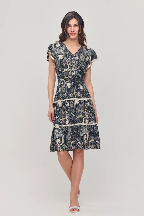 Lacivert V Yaka Nervürlü Çiçek Desenli Yazlık Viscon Elbise BCVL-25V054