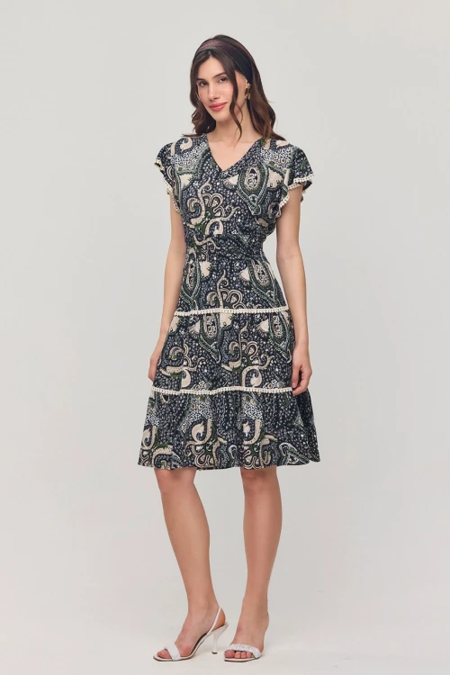 Lacivert V Yaka Nervürlü Çiçek Desenli Yazlık Viscon Elbise BCVL-25V054