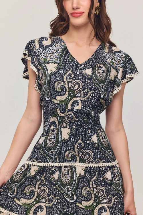 Lacivert V Yaka Nervürlü Çiçek Desenli Yazlık Viscon Elbise BCVL-25V054