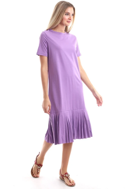 Lila Eteği Piliseli Kısa Kol Elbise CO-259303044