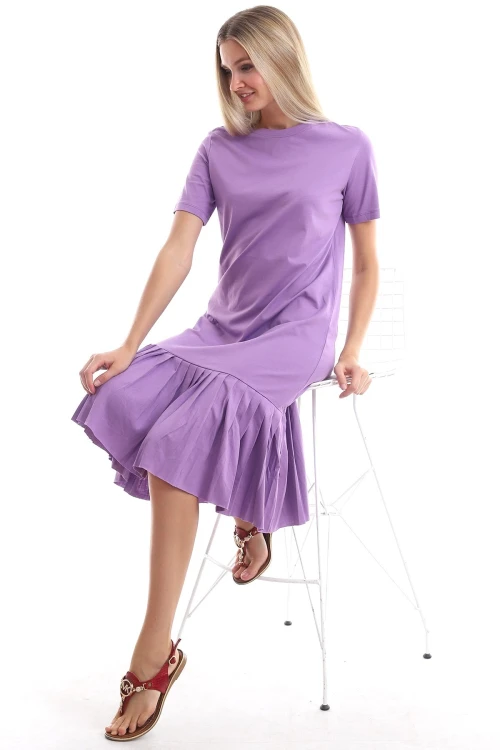 Lila Eteği Piliseli Kısa Kol Elbise CO-259303044