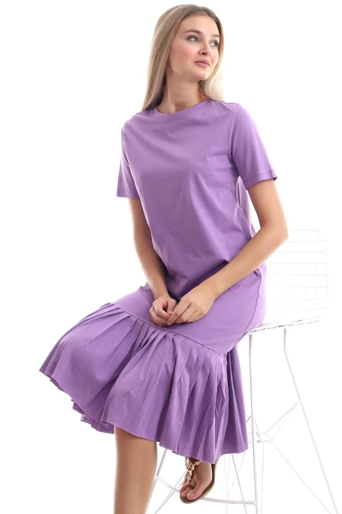 Lila Eteği Piliseli Kısa Kol Elbise CO-259303044