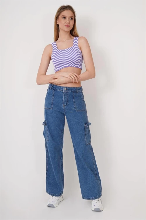 Lila Kare Yaka Desenli Triko Bluz CO-2523256429