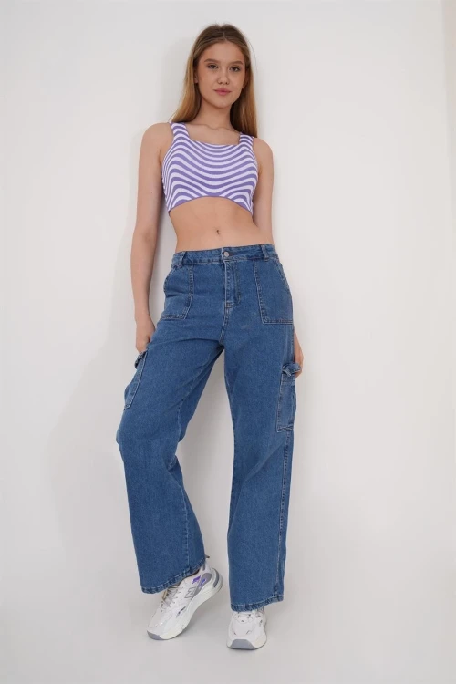 Lila Kare Yaka Desenli Triko Bluz CO-2523256429