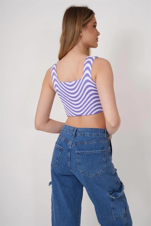 Lila Kare Yaka Desenli Triko Bluz CO-2523256429