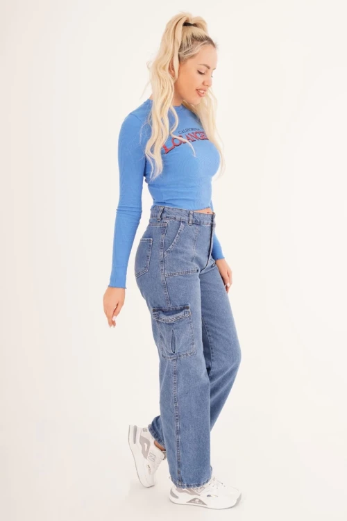 Mavi Bisiklet Yaka Baskılı Pamuklu Crop Bluz CO-2523254241
