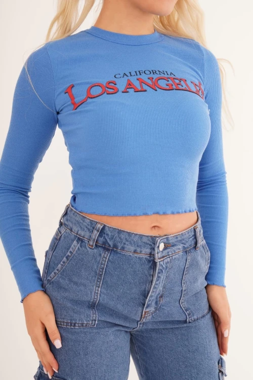 Mavi Bisiklet Yaka Baskılı Pamuklu Crop Bluz CO-2523254241