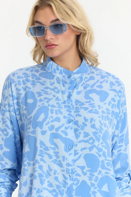 Mavi Çiçek Desenli Uzun Tunik Ve Pantolon Dokuma Viscon Alt Üst Takım BCVL-25V053-2