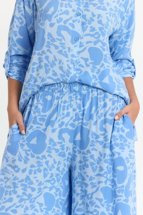 Mavi Çiçek Desenli Uzun Tunik Ve Pantolon Dokuma Viscon Alt Üst Takım BCVL-25V053-2