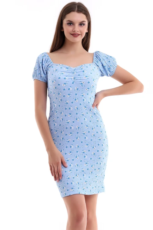 Mavi Çiçekli Göğüs Kupu Lastikli Kısa Kol Elbise CO-2521333834