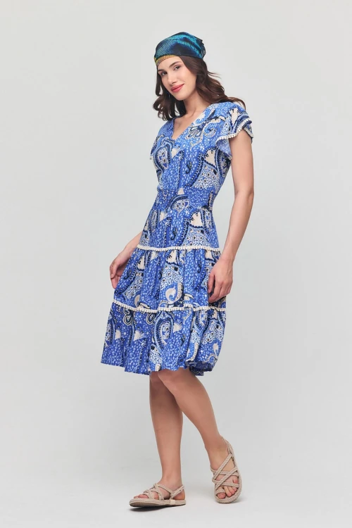 Mavi V Yaka Nervürlü Çiçek Desenli Yazlık Viscon Elbise BCVL-25V054