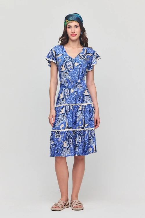 Mavi V Yaka Nervürlü Çiçek Desenli Yazlık Viscon Elbise BCVL-25V054