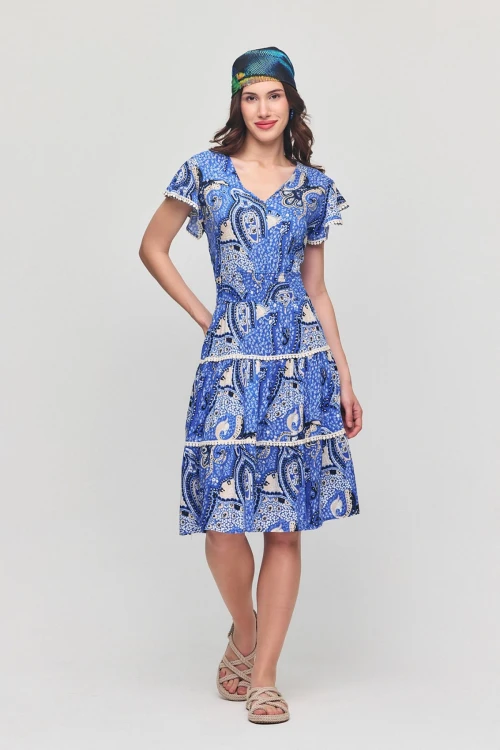 Mavi V Yaka Nervürlü Çiçek Desenli Yazlık Viscon Elbise BCVL-25V054