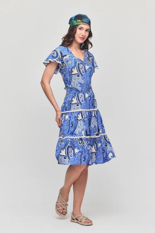 Mavi V Yaka Nervürlü Çiçek Desenli Yazlık Viscon Elbise BCVL-25V054