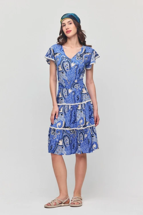 Mavi V Yaka Nervürlü Çiçek Desenli Yazlık Viscon Elbise BCVL-25V054