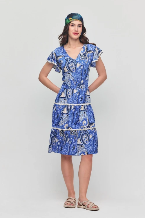 Mavi V Yaka Nervürlü Çiçek Desenli Yazlık Viscon Elbise BCVL-25V054