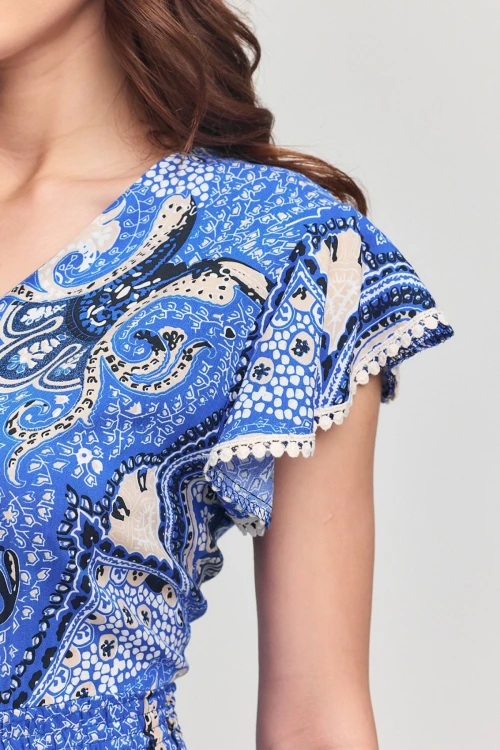 Mavi V Yaka Nervürlü Çiçek Desenli Yazlık Viscon Elbise BCVL-25V054