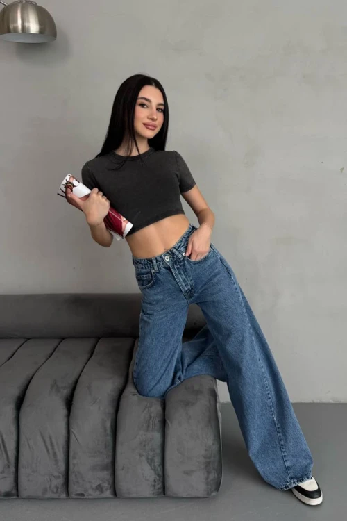 Mavi Yüksek Bel Baggy Palazzo Jean Pantolon BCNW-251417