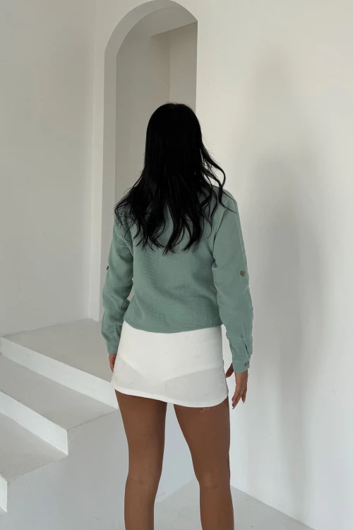 Mint Tek Cepli Yarım Patlı Düğmeli Muslin Keten Dokuma Bluz BCBT-251004