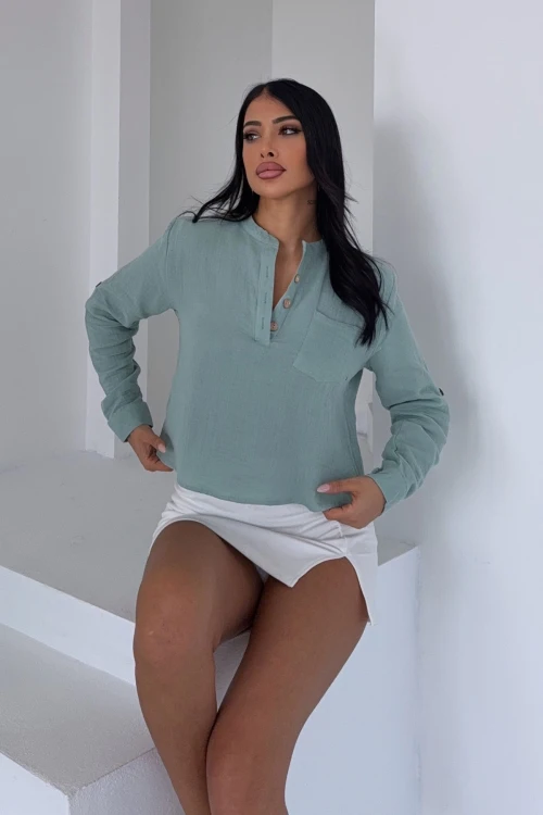 Mint Tek Cepli Yarım Patlı Düğmeli Muslin Keten Dokuma Bluz BCBT-251004