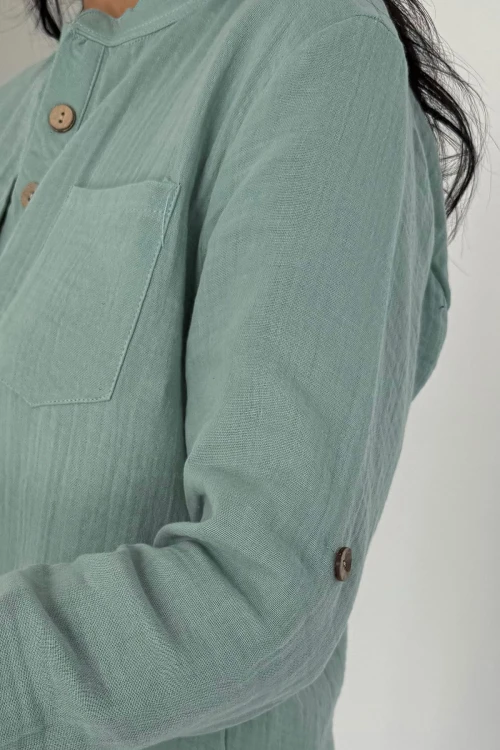 Mint Tek Cepli Yarım Patlı Düğmeli Muslin Keten Dokuma Bluz BCBT-251004