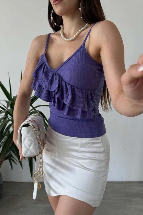 Mor İp Askılı Volan Detaylı Bluz BCDF-251089