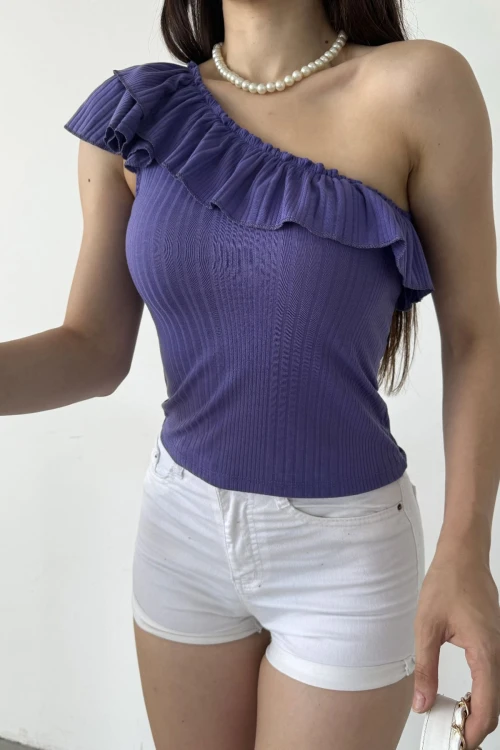 Mor Tek Omuz Fırıfır Detaylı Bluz BCDF-251088