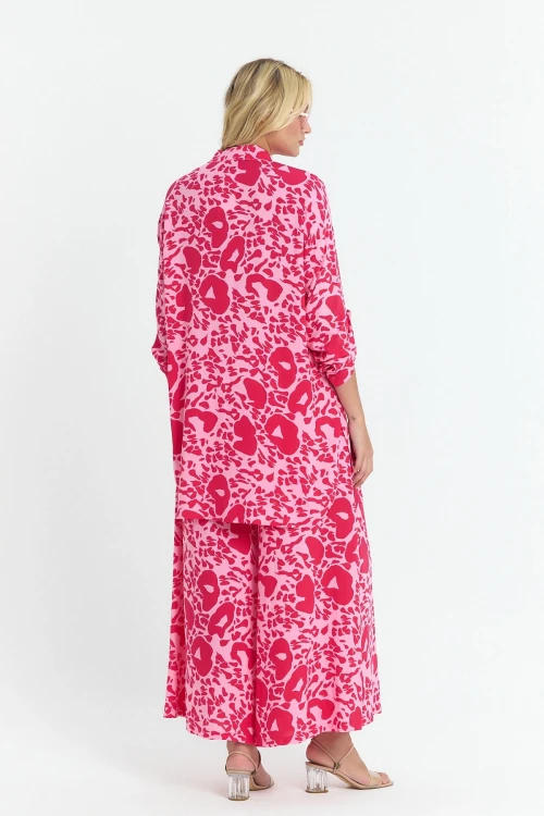 Pembe Çiçek Desenli Uzun Tunik Ve Pantolon Dokuma Viscon Alt Üst Takım BCVL-25V053-2