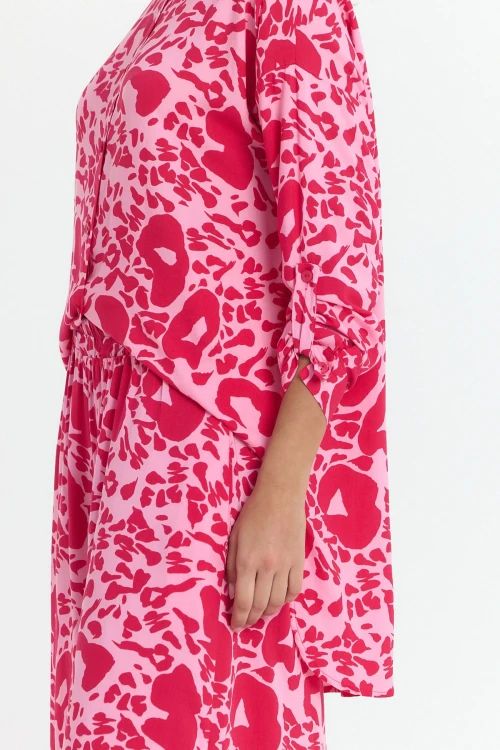 Pembe Çiçek Desenli Uzun Tunik Ve Pantolon Dokuma Viscon Alt Üst Takım BCVL-25V053-2