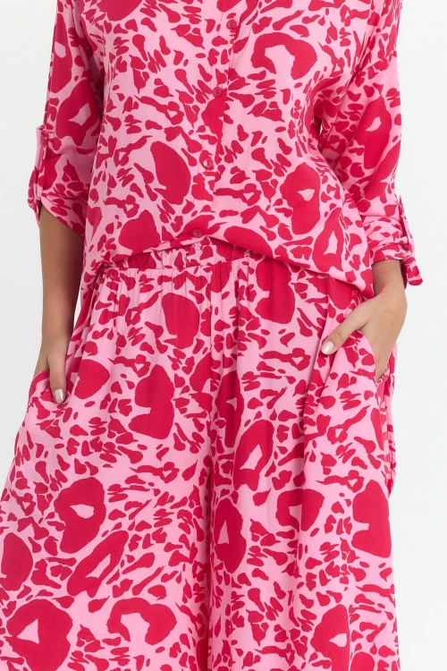 Pembe Çiçek Desenli Uzun Tunik Ve Pantolon Dokuma Viscon Alt Üst Takım BCVL-25V053-2