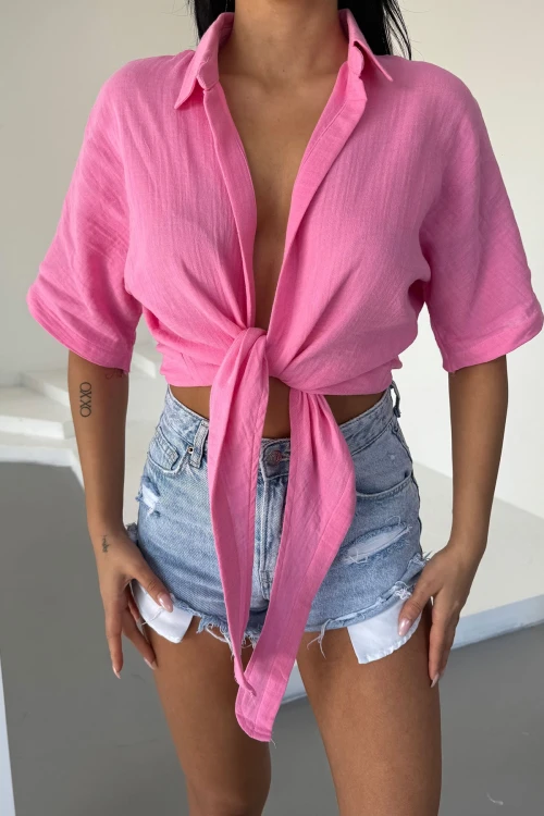Pembe Müslin Keten Bağlamalı Bluz BCBT-251000
