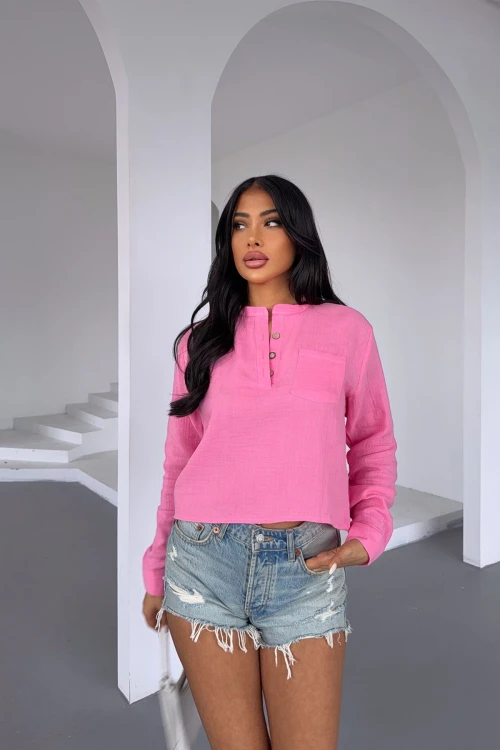 Pembe Tek Cepli Yarım Patlı Düğmeli Muslin Keten Dokuma Bluz BCBT-251004