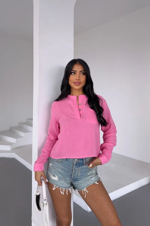 Pembe Tek Cepli Yarım Patlı Düğmeli Muslin Keten Dokuma Bluz BCBT-251004