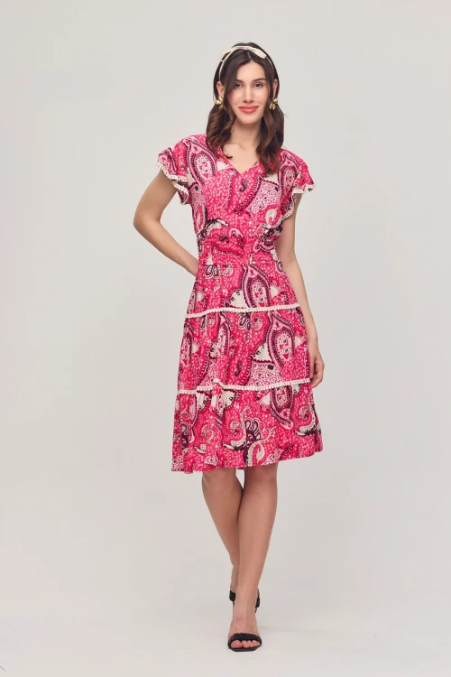 Pembe V Yaka Nervürlü Çiçek Desenli Yazlık Viscon Elbise BCVL-25V054