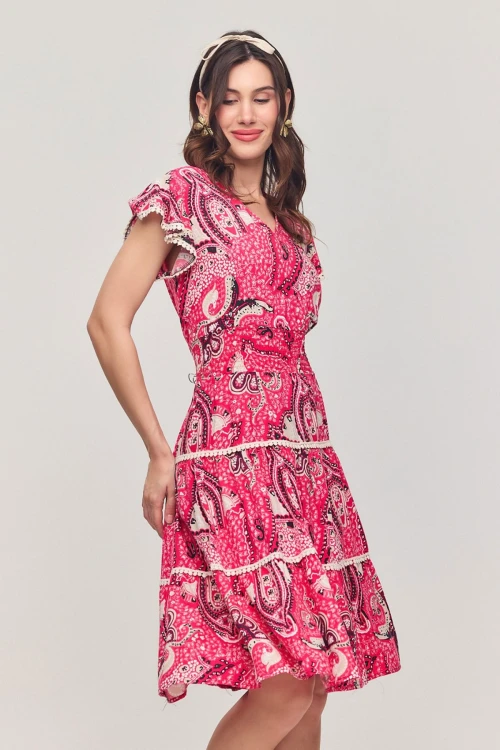 Pembe V Yaka Nervürlü Çiçek Desenli Yazlık Viscon Elbise BCVL-25V054