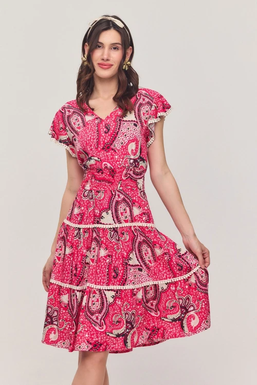 Pembe V Yaka Nervürlü Çiçek Desenli Yazlık Viscon Elbise BCVL-25V054