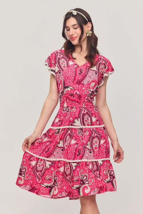 Pembe V Yaka Nervürlü Çiçek Desenli Yazlık Viscon Elbise BCVL-25V054