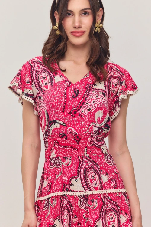 Pembe V Yaka Nervürlü Çiçek Desenli Yazlık Viscon Elbise BCVL-25V054