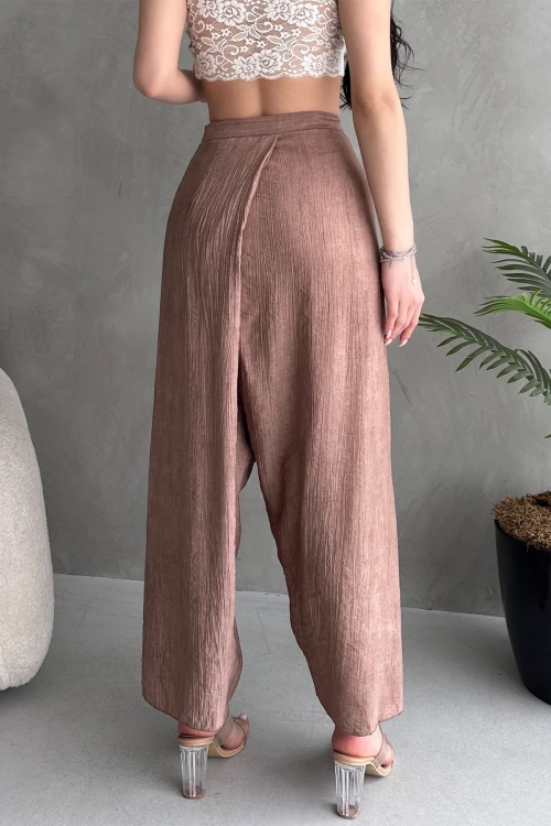 Pudra Bağlamalı Anvelop Kesim Salaş Keten Dokuma Pantolon BCDF-251108