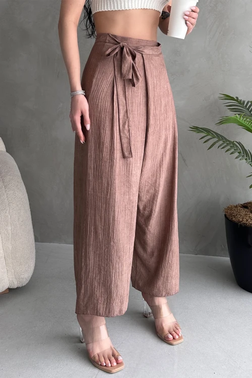 Pudra Bağlamalı Anvelop Kesim Salaş Keten Dokuma Pantolon BCDF-251108