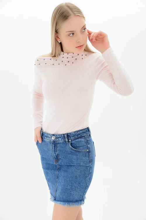 Pudra Tek Omuzu Açık İncili Yumoş Bluz CO-259100936