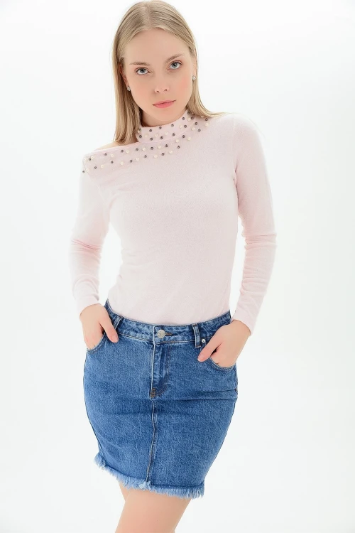 Pudra Tek Omuzu Açık İncili Yumoş Bluz CO-259100936