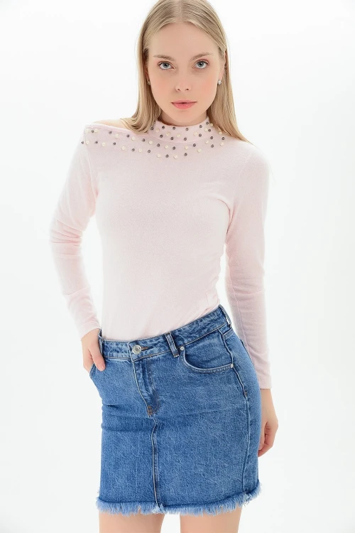 Pudra Tek Omuzu Açık İncili Yumoş Bluz CO-259100936